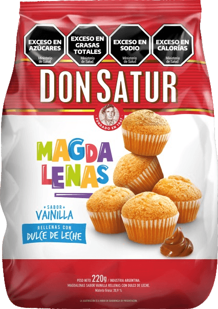 Magdalenas sabor vainilla rellenas con dulce de leche. Don Satur. 220gr.